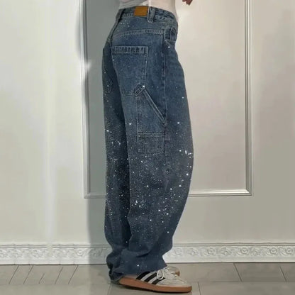 New Women Casual Hot Drilling Jeans Autumn Winter Cowboy Trousers High Waist Button Pockets Fashion Female Loose Straight Pants