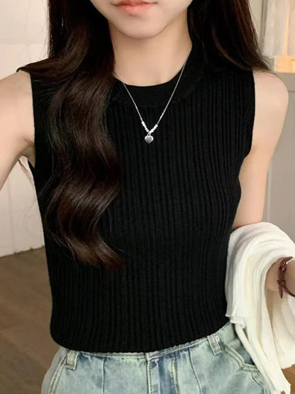 Sleeveless Blouse Shirt Women O-neck Rib Knit Vest Tank Plain Vest Tops Summer Female Basic Casual Tops Outfit