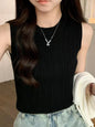 Sleeveless Blouse Shirt Women O-neck Rib Knit Vest Tank Plain Vest Tops Summer Female Basic Casual Tops Outfit