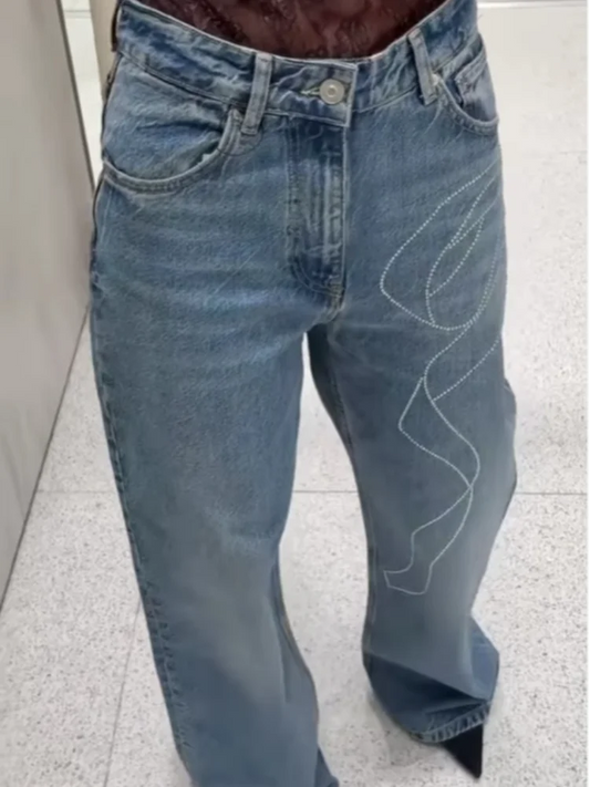 2025 Women Diamonds Denim Jeans Solid Loose Straight Long Pants Woman Casual High Waisted Pockets Streetwear Baggy Trousers