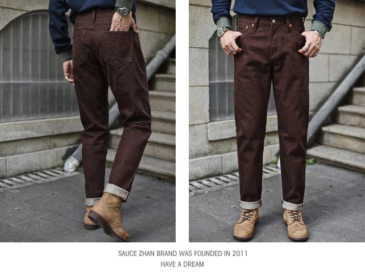 Saucezhan Men Jeans Brown Jeans Men Jeans Trousers  Selvedge Denim Jeans for Men Taper Fit Mens Jeans vintage 13.8 Oz