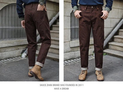 Saucezhan Men Jeans Brown Jeans Men Jeans Trousers  Selvedge Denim Jeans for Men Taper Fit Mens Jeans vintage 13.8 Oz
