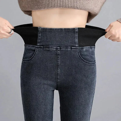 High-waisted Jeans Women's Trousers Autumn and Winter New Slim-fitting Elastic-waisted Trousers with Velvet