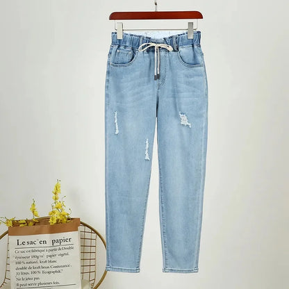 2025 Fashion Women's Jeans Spring Autumn Denim Harem Pants Loose Large-size Elastic-waist Vintage Casual Trousers Female Jeans