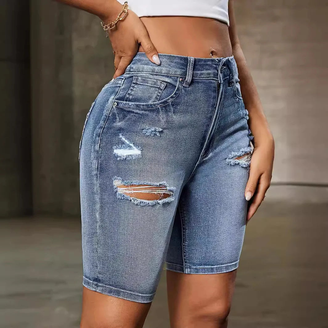 Jeans Shorts Women Casual Denims Hole Slim Fit Washed Distressed Pockets Casual Ladies Sheath Short Pants Streetwear 2025