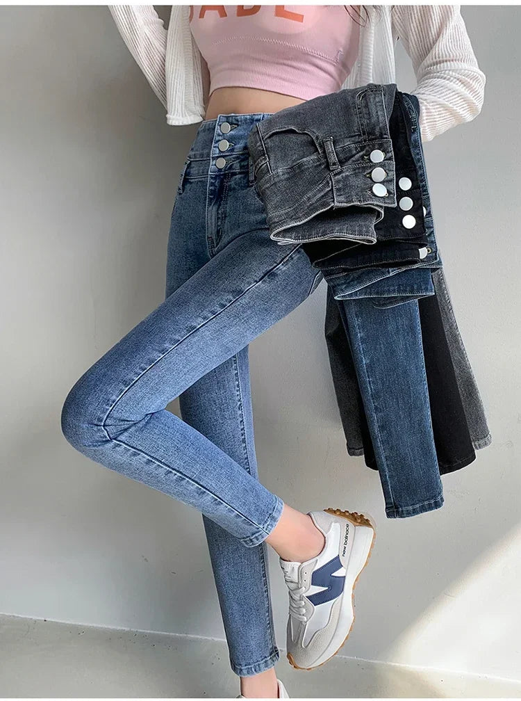 New Women's High Waist Stretch Jeans Blue Black Gray Fashionable and Versatile Multi-button Popular Slim Denim Long Pants Female