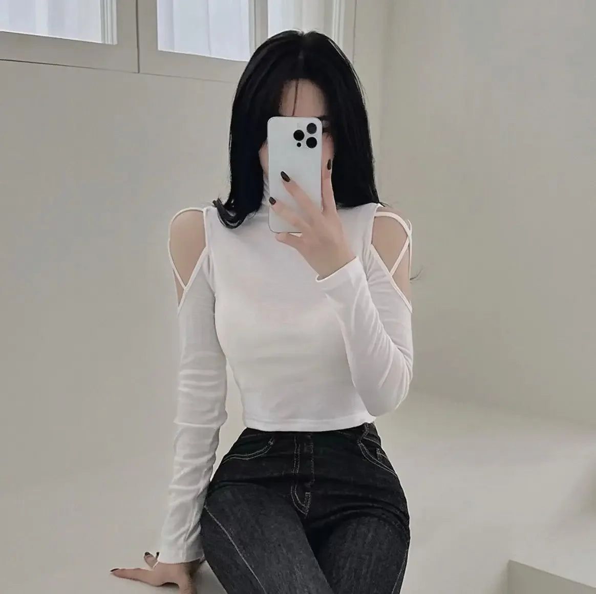 Tops Woman Slim Off Shoulder Sexy Crop Brown Long Sleeve T Shirt for Women Turtleneck Clothing Female Harajuku Fashion Korean