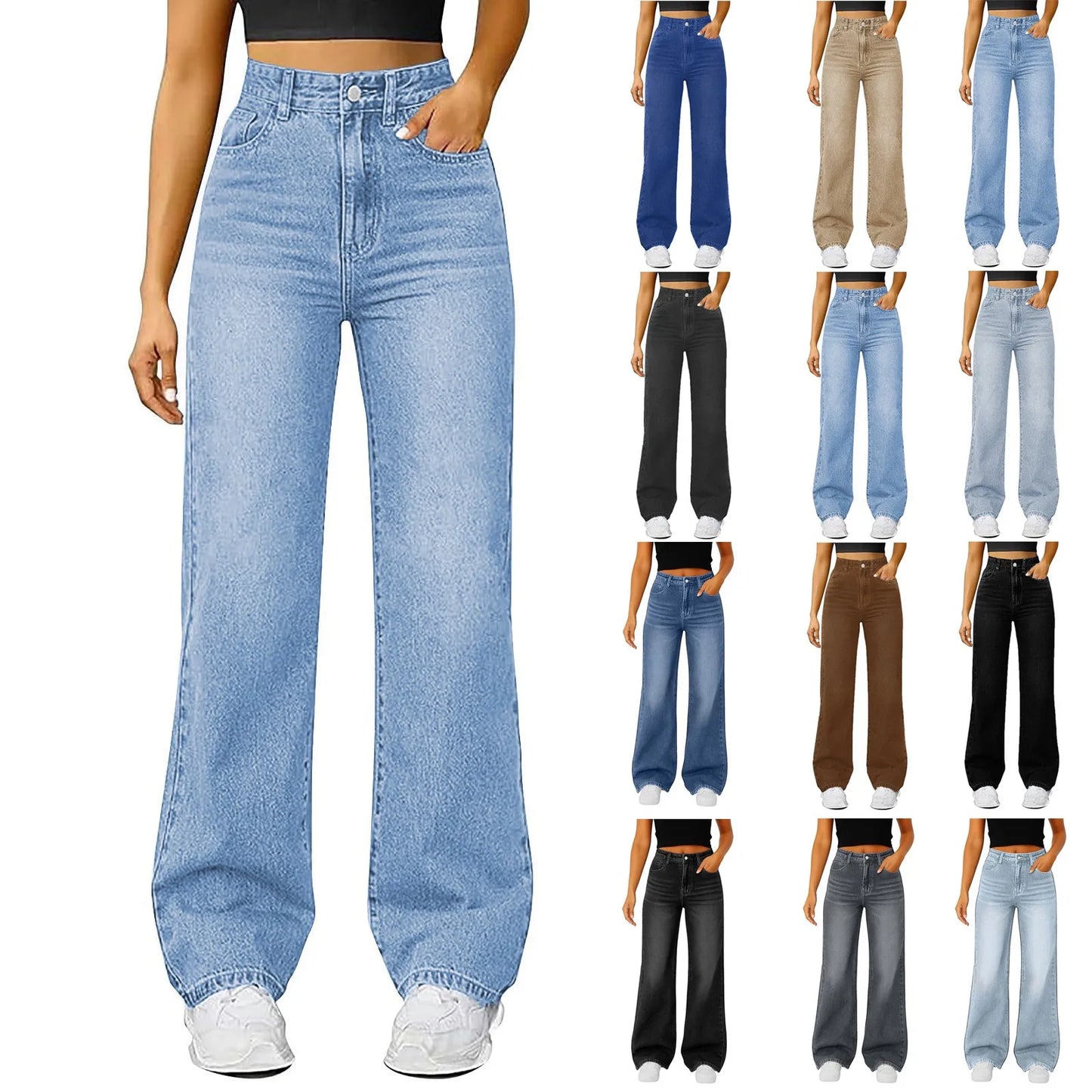Women'S Straight Jeans Solid Color Distressed High Waist Design Retro Trousers American Hot Girl Style Pants Daily Street Wear