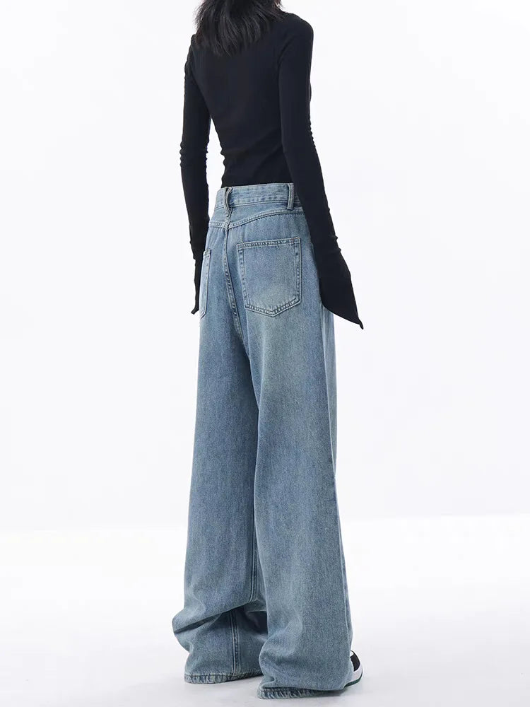 2024 New Blue Jeans Women Embroidered Design Sense Loose Wide Leg Pants Casual Street Style Pants