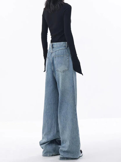 2024 New Blue Jeans Women Embroidered Design Sense Loose Wide Leg Pants Casual Street Style Pants