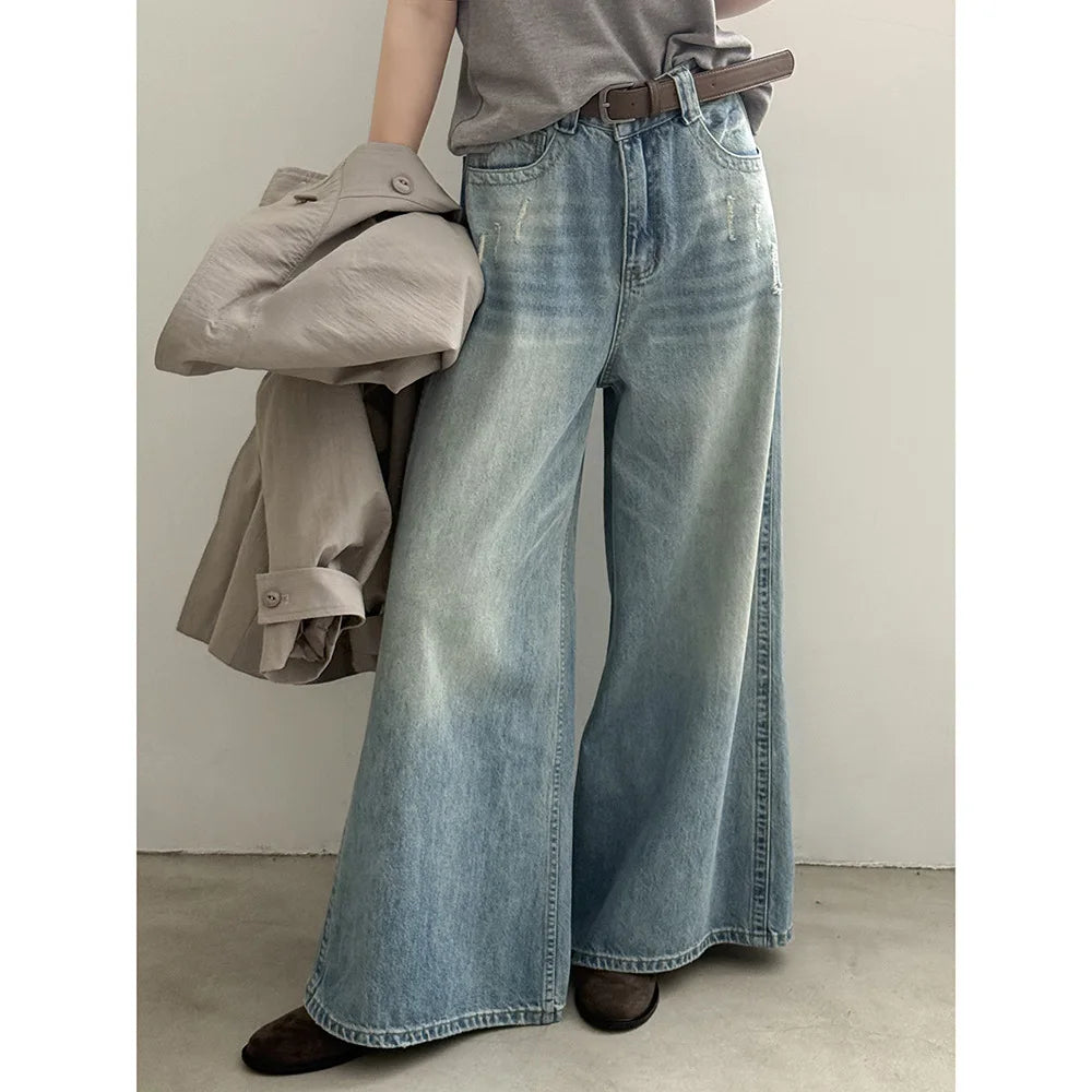 Women's Retro High-waisted Wide-leg Jeans  Loose  Slimming  Drapey  Casual Floor-length Pants for Autumn and Winter