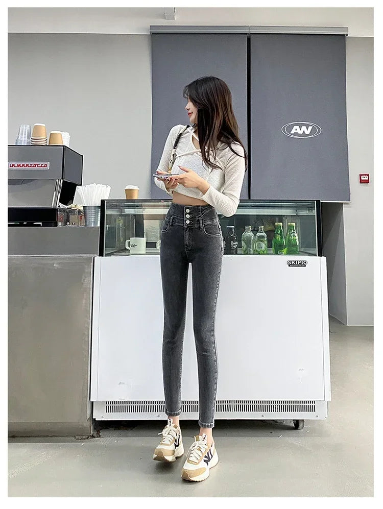 New Women's High Waist Stretch Jeans Blue Black Gray Fashionable and Versatile Multi-button Popular Slim Denim Long Pants Female