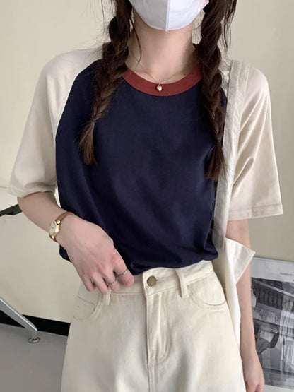 Summer Tops for Women Tshirt Turn Down Collar Short Sleeve Beige Blue Chic Y2k Fashion Patchwork 2026 T Shirts