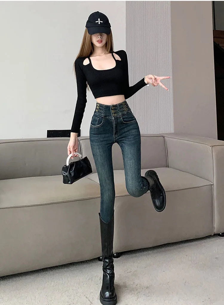 winter warm thick fleece woman's jeans with high waist jeans woman mom jeans women's jeans for women jean femme clothe black