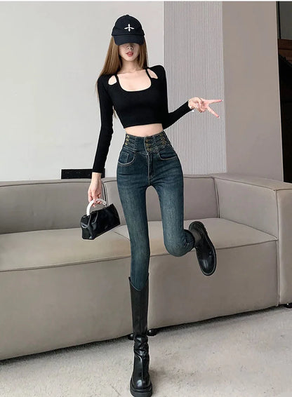 winter warm thick fleece woman's jeans with high waist jeans woman mom jeans women's jeans for women jean femme clothe black