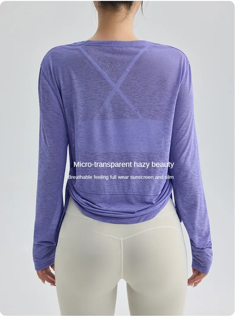 Thin Sunscreen Clothes Yoga Loose Top Drawstring Long Sleeve T-shirt Women's Gym Outdoor Exercise Clothing