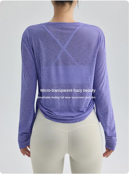 Thin Sunscreen Clothes Yoga Loose Top Drawstring Long Sleeve T-shirt Women's Gym Outdoor Exercise Clothing