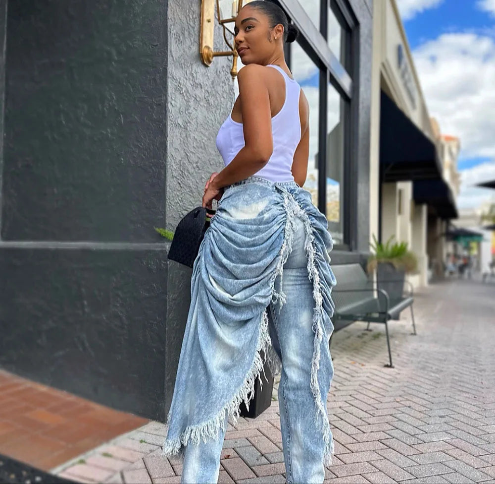 WTHT New Trendy Women Wrinkled Burr Edge Design Straight Jeans 2025 Winter Fashion High Waist Casual Denim Pants Female 1LS2770
