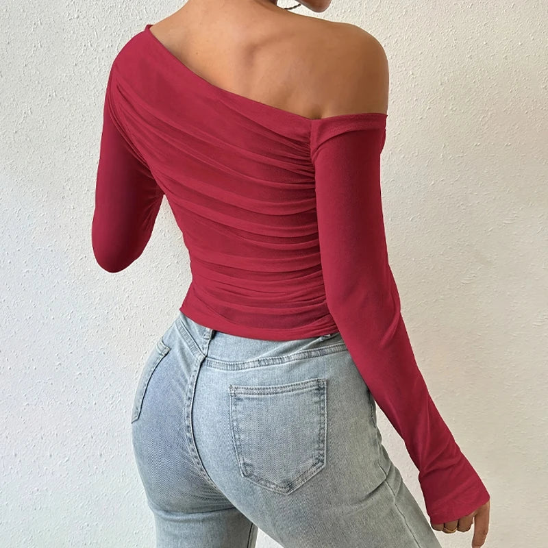 Autumn Winter Top Women 2025 Fall Fashion Off The Shoulder Long Sleeve Shirts Crop Tops Slim Fit Blouses Y2K Clothing Streetwear