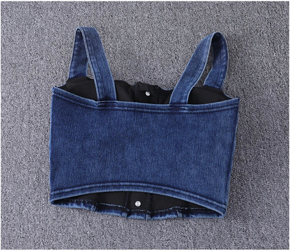 women's clothing sexy Tops For Women crop top fashion button front shirred detail denim top