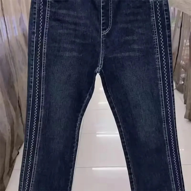 Fashion Women Jeans 2025 New Spring Autumn Korean Wild Elastic Waist Straight Denim Pants Female Trousers Female