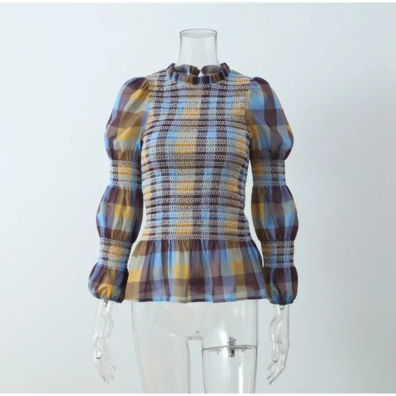 Women's Tops Vintage Plaids Elastic Pleated T Shirt Casual O Neck Long Sleeves Ruffles Hem Top Spring Chic Lady High Street Wear