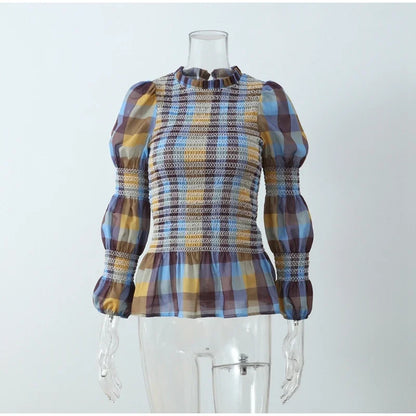 Women's Tops Vintage Plaids Elastic Pleated T Shirt Casual O Neck Long Sleeves Ruffles Hem Top Spring Chic Lady High Street Wear