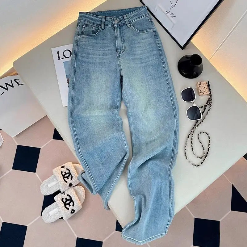 Letter Embroidered Straight-leg Jeans Women's Spring New High-waisted and Thin Loose Light Blue Straight-leg Pants