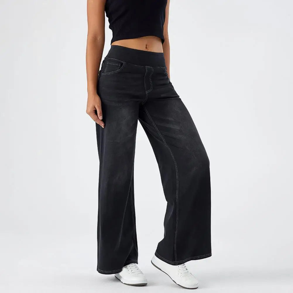 Women Jeans With Pockets Elastic High Waist Solid Color Full Length Pants Straight Wide Leg Trousers Sweatpant Daily Commuting