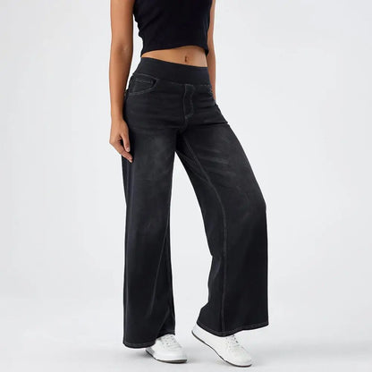 Women Jeans With Pockets Elastic High Waist Solid Color Full Length Pants Straight Wide Leg Trousers Sweatpant Daily Commuting