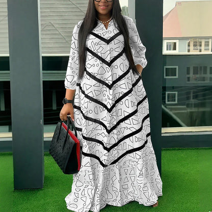 VONDA Plus Size Ruffled Women Bohemian Vestidos Autumn Long Maxi Robe Print Party Elegant 3/4 Sleeve Casual Loose Dress 5XL