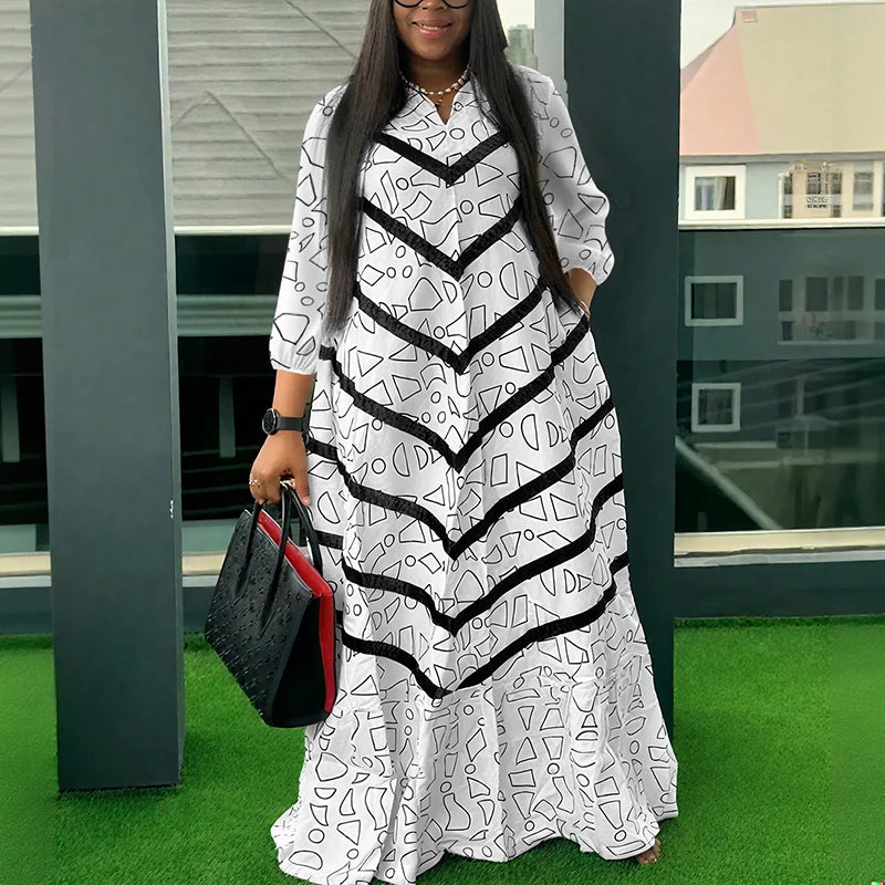 VONDA Plus Size Ruffled Women Bohemian Vestidos Autumn Long Maxi Robe Print Party Elegant 3/4 Sleeve Casual Loose Dress 5XL