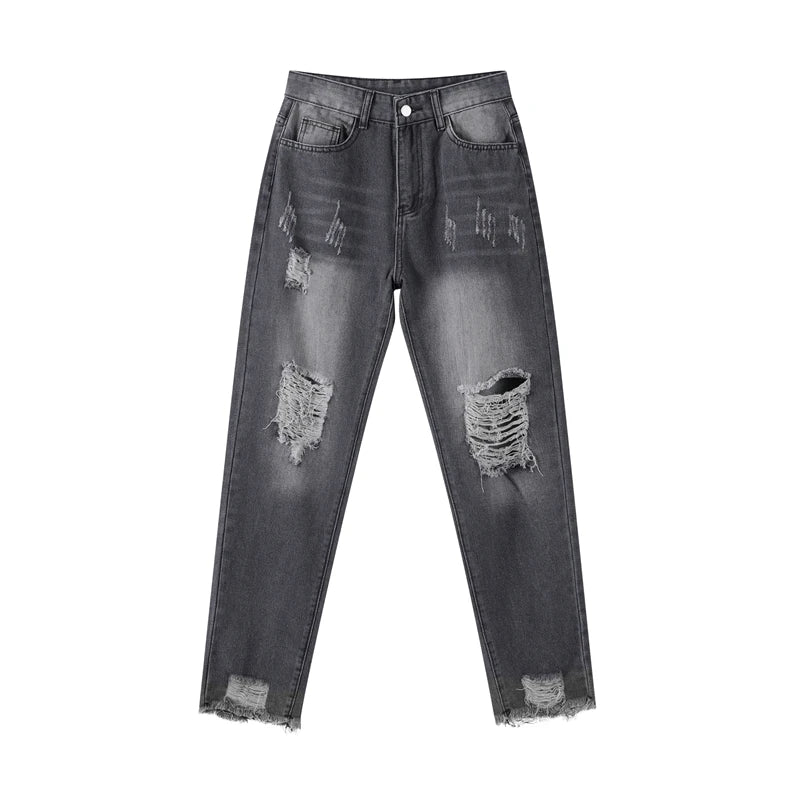 Casual Straight Jeans Women High Waisted Washed Skinny Ripped Slim Denim Pants 2025 Autumn Fashion Trend Commute Lady Trousers