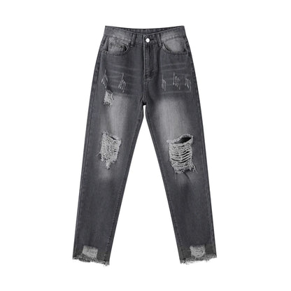 Casual Straight Jeans Women High Waisted Washed Skinny Ripped Slim Denim Pants 2025 Autumn Fashion Trend Commute Lady Trousers