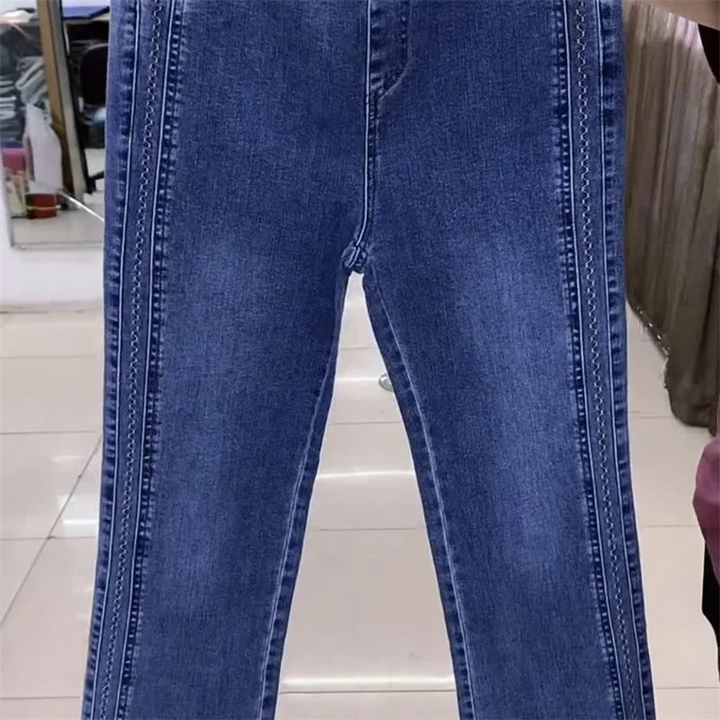 Fashion Women Jeans 2025 New Spring Autumn Korean Wild Elastic Waist Straight Denim Pants Female Trousers Female
