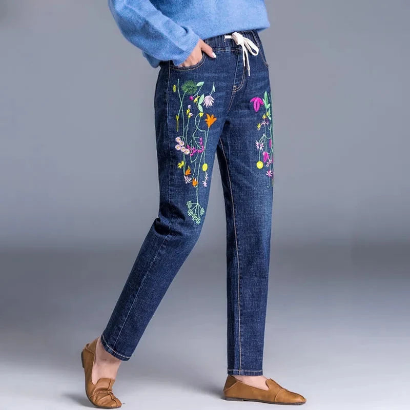 Brand Embroidery Jeans Womens Light Blue Elastic Waist Denim Pants High Waist Straight Leg Cropped Cut Jeans Spring Female