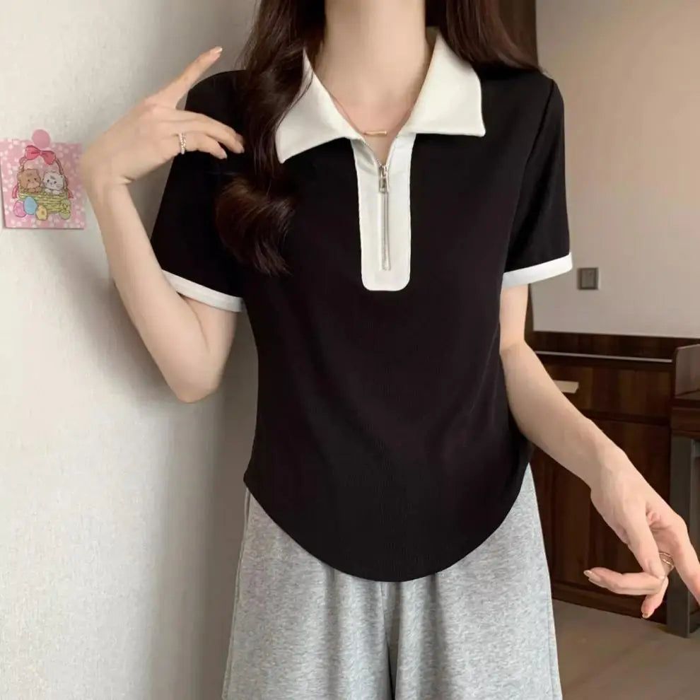 Women's Versatile Tops in Summer, Loose Shoulders, Slightly Fat Covering the Flesh and Making You Look Slim and Short Sleeves