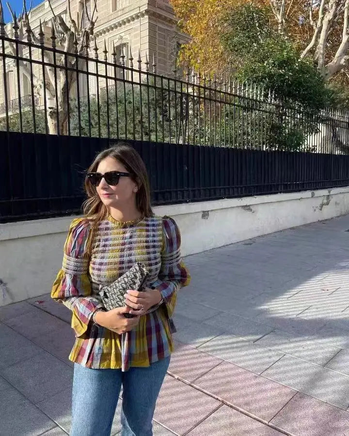 Women's Tops Vintage Plaids Elastic Pleated T Shirt Casual O Neck Long Sleeves Ruffles Hem Top Spring Chic Lady High Street Wear