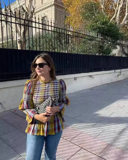 Women's Tops Vintage Plaids Elastic Pleated T Shirt Casual O Neck Long Sleeves Ruffles Hem Top Spring Chic Lady High Street Wear