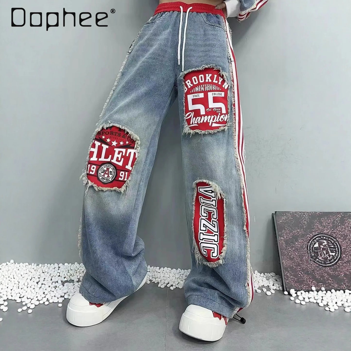 European Style Women's Jeans 2025 Autumn New Heavy-Duty Distressed Frayed Edge Letter Print Drawstring Long Pants Jeans Woman