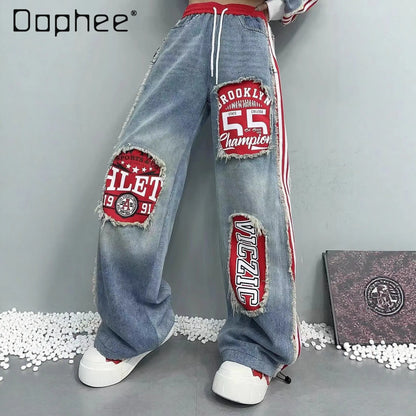 European Style Women's Jeans 2025 Autumn New Heavy-Duty Distressed Frayed Edge Letter Print Drawstring Long Pants Jeans Woman