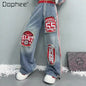 European Style Women's Jeans 2025 Autumn New Heavy-Duty Distressed Frayed Edge Letter Print Drawstring Long Pants Jeans Woman