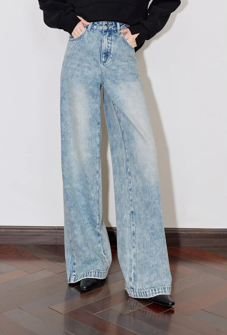 TOYOUTH Women Denim Jeans 2024 Autumn Winter New Mide Waist Straight Wide Leg Long Pants