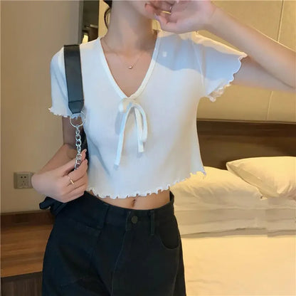 Tops Woman Short Sleeve T Shirt for Women V Neck New in Knitwears Plain Sexy Crop Korean Fashion Reviews Clothes Many Polyester