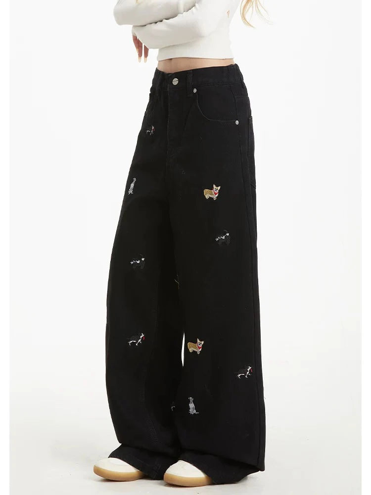 Women's Embroidered Basic Denim Women Jeans American Retro Chic Straight Leg Slim Vintage Woman Jeans Casual Simple Pants Female