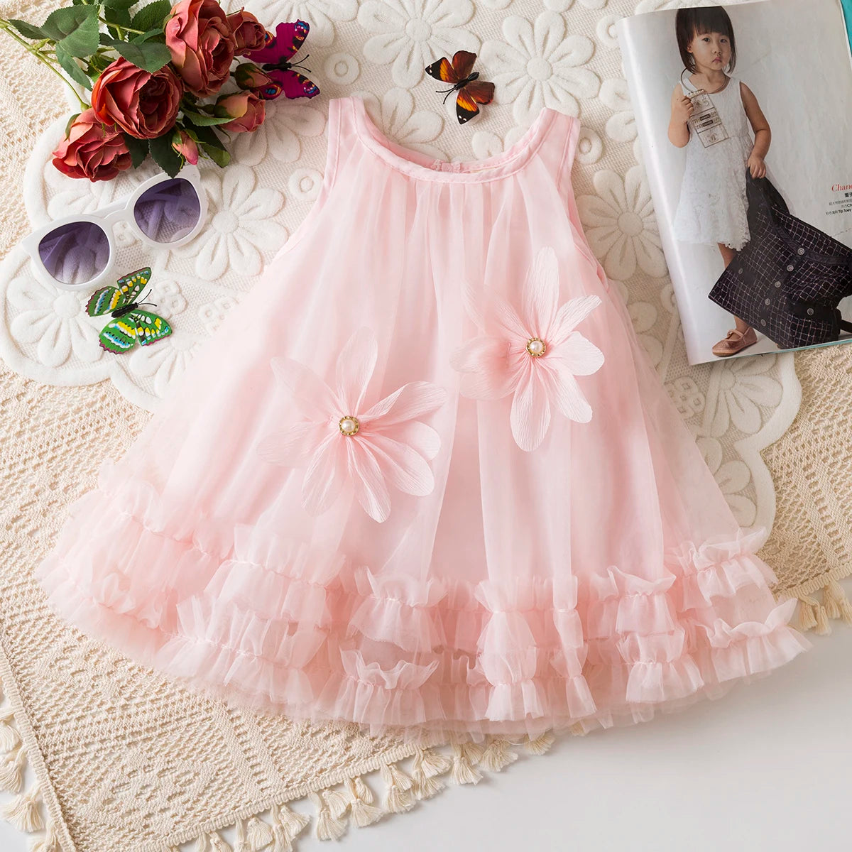 Toddler Girl Princess Dress Pink Flower Decorated Sleeveless Gauze Dress Elegant Girl Wedding Party Dress for Party