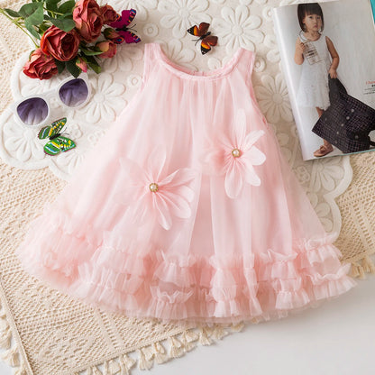 Toddler Girl Princess Dress Pink Flower Decorated Sleeveless Gauze Dress Elegant Girl Wedding Party Dress for Party