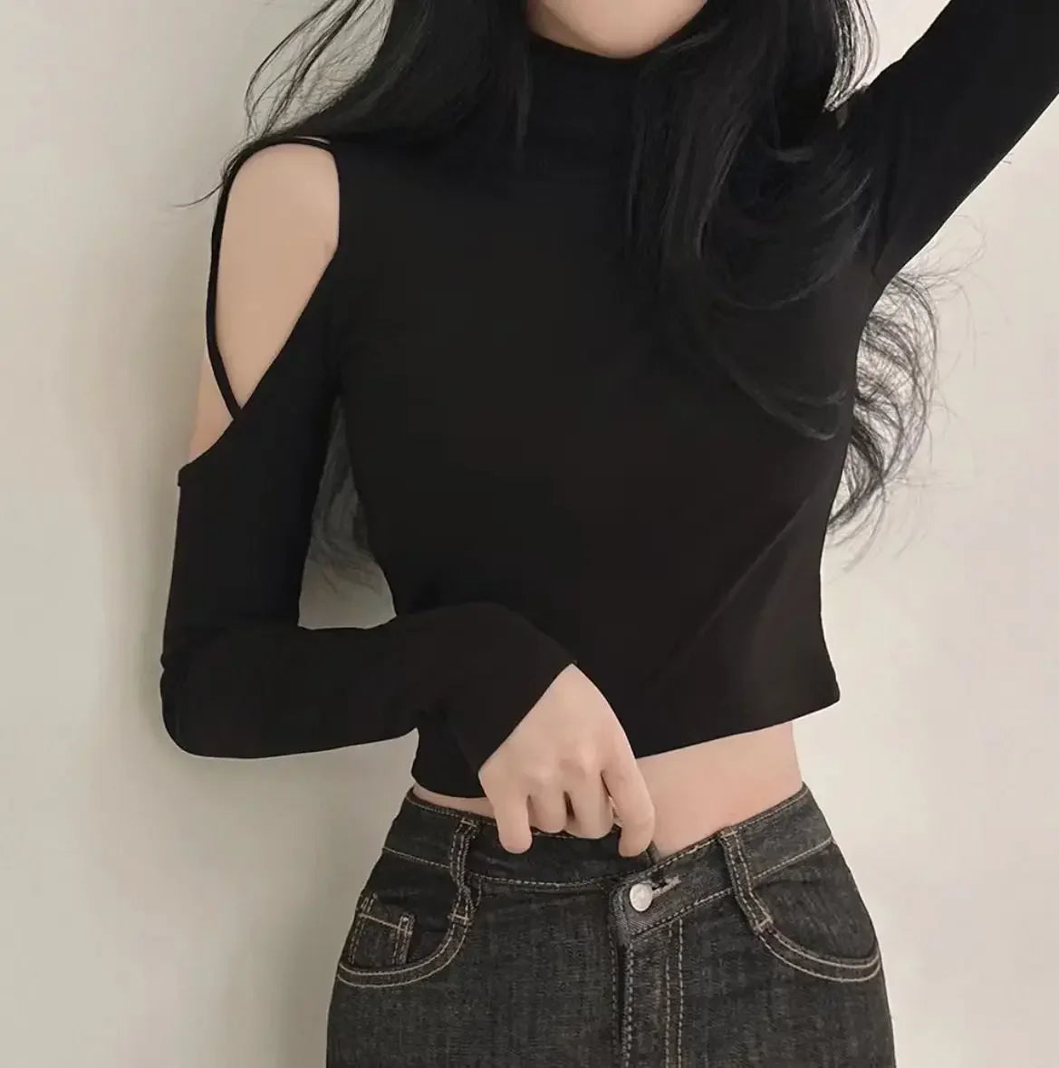 Tops Woman Slim Off Shoulder Sexy Crop Brown Long Sleeve T Shirt for Women Turtleneck Clothing Female Harajuku Fashion Korean