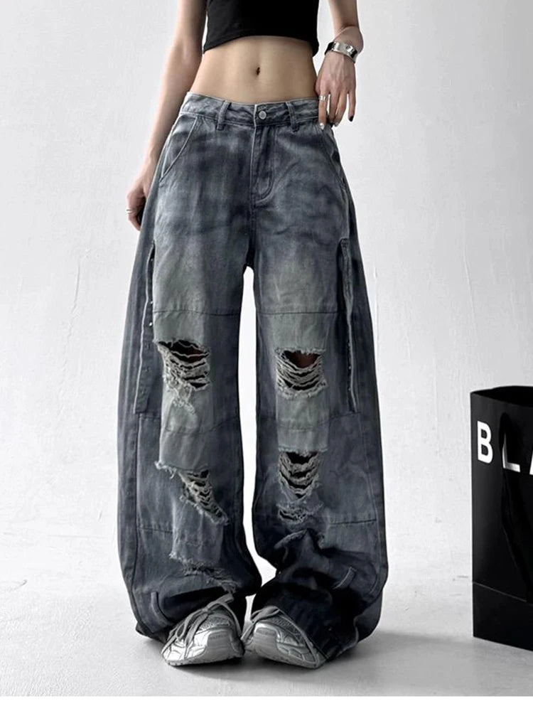 Women Tie Dye Ripped Jeans Woman Abandoned Soil Style Wide Leg Pants Summer Loose Workwear Denim Retro Vintage Trousers