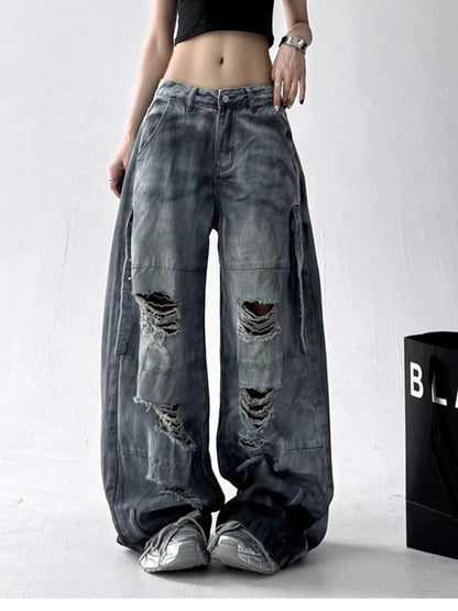 Women Tie Dye Ripped Jeans Woman Abandoned Soil Style Wide Leg Pants Summer Loose Workwear Denim Retro Vintage Trousers